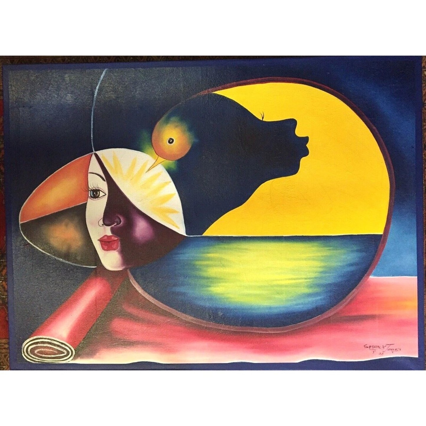 Painting Sandrack Jeans Abstract Romantic Mystical Haitian Oil Canvas Signed