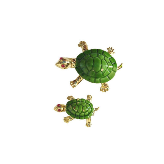 Vintage Women's Brooch Pin Mother & Baby Turtle Enamel Gold Tone Estate Jewelry