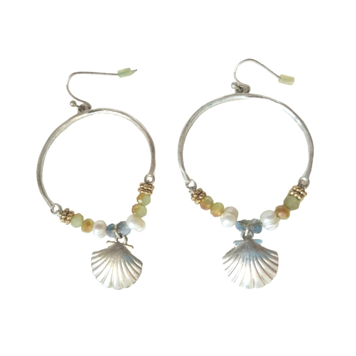 Vintage Beaded Hoop Dangle Shell Charm Earrings Sterling Silver Plated Hooks