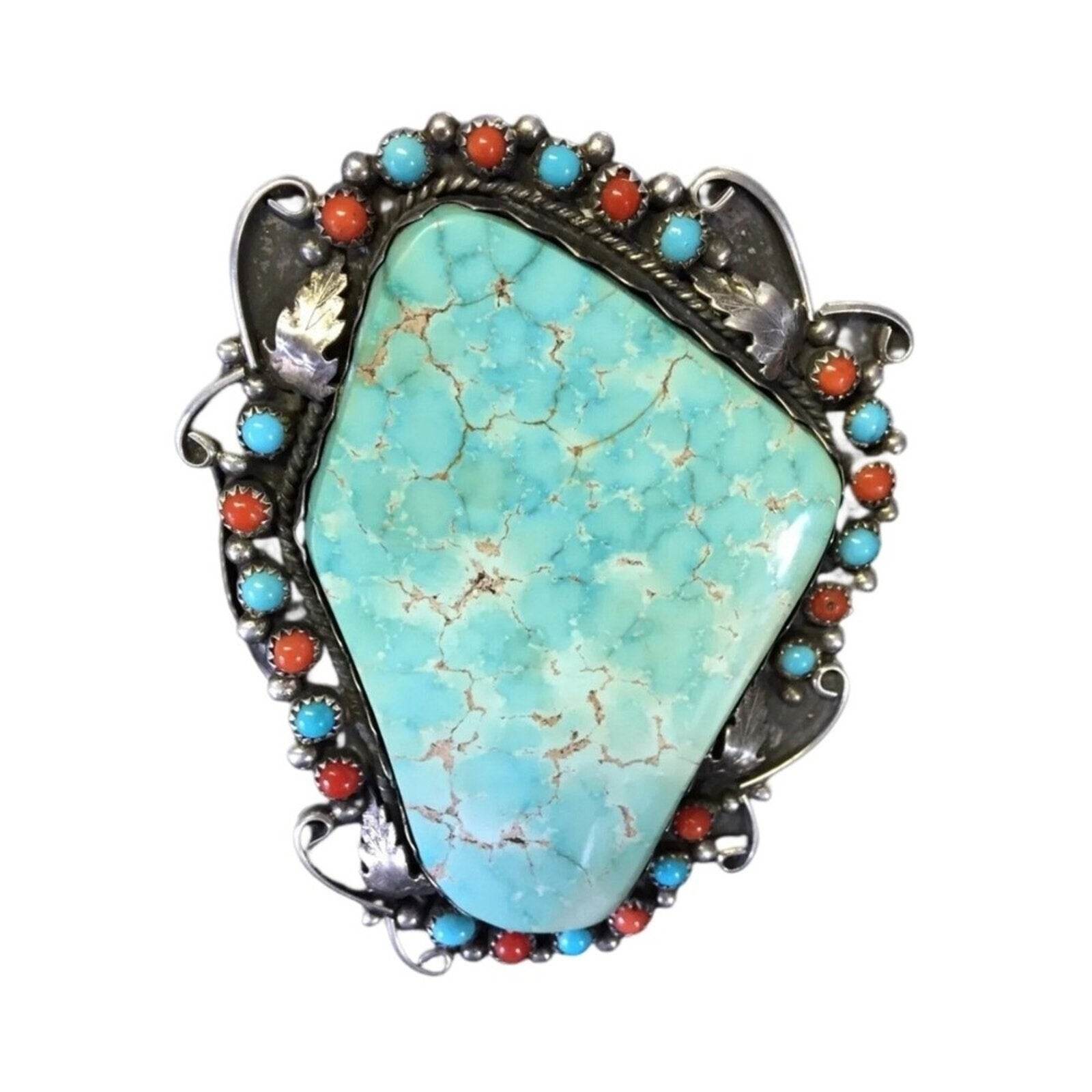 Antique Cuff Bracelet Green Turquoise Coral Sterling Silver Navajo Native Signed