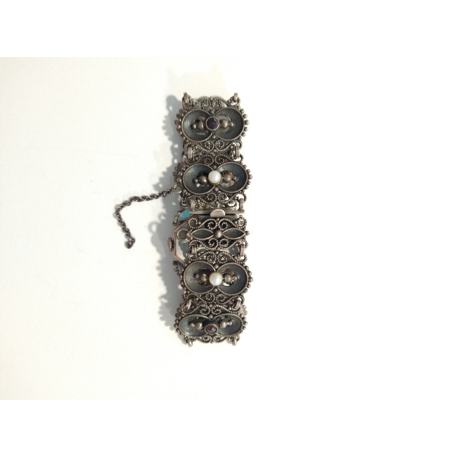 Antique Women`s Wrist Watch Bergland Filigree Sterling Silver Pearls Garnets
