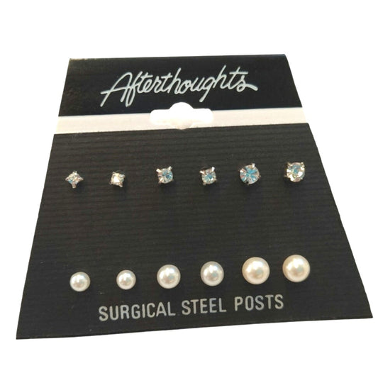 Aftertoughts 6 Pairs of Dainty Stud Earrings Pearls & Round Cut Crystals Posts