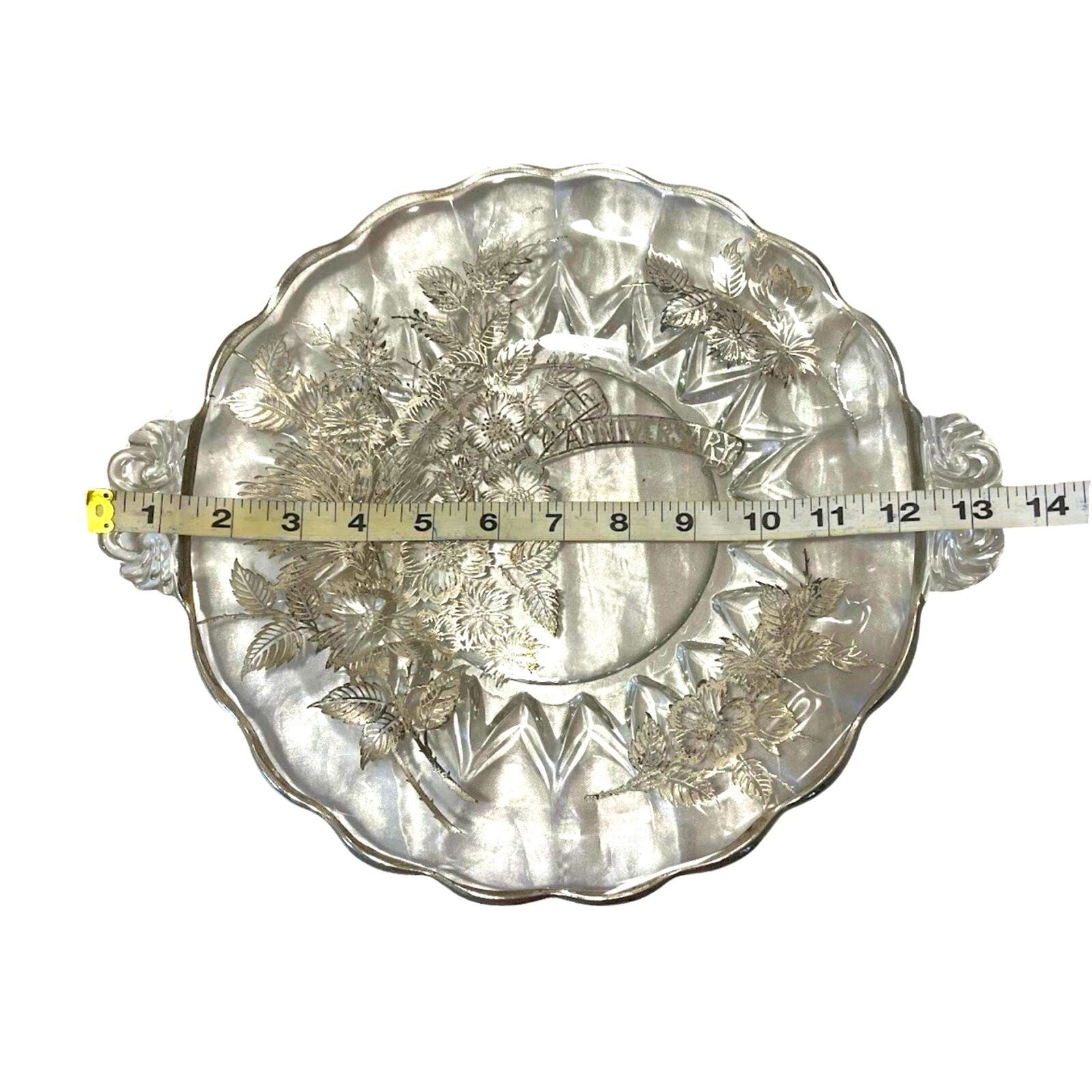 Vintage Serving Dish Platter Tray Crystal Glass Round Ornate Flower with Handles
