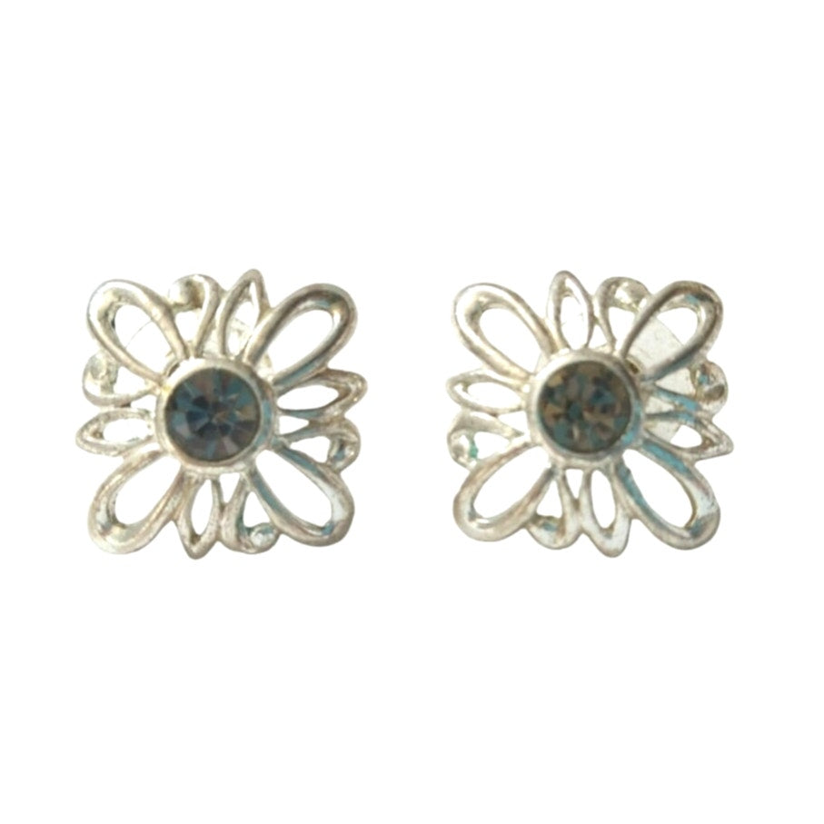 Vintage Black Rhinestones Flower Stud Earrings Silver Tone Post