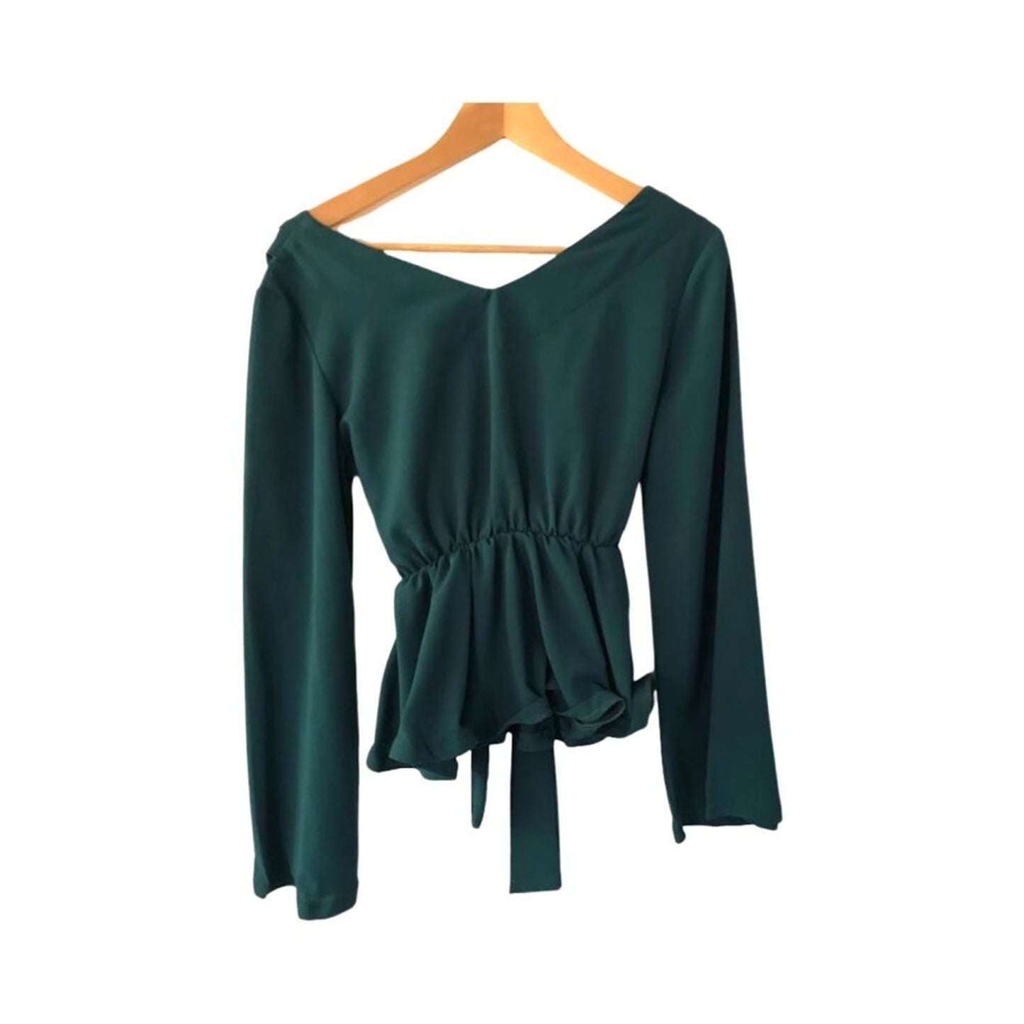 Oeuvre Women`s Top Blouse V-neck Bow Long Sleeve Dark Green Sz S