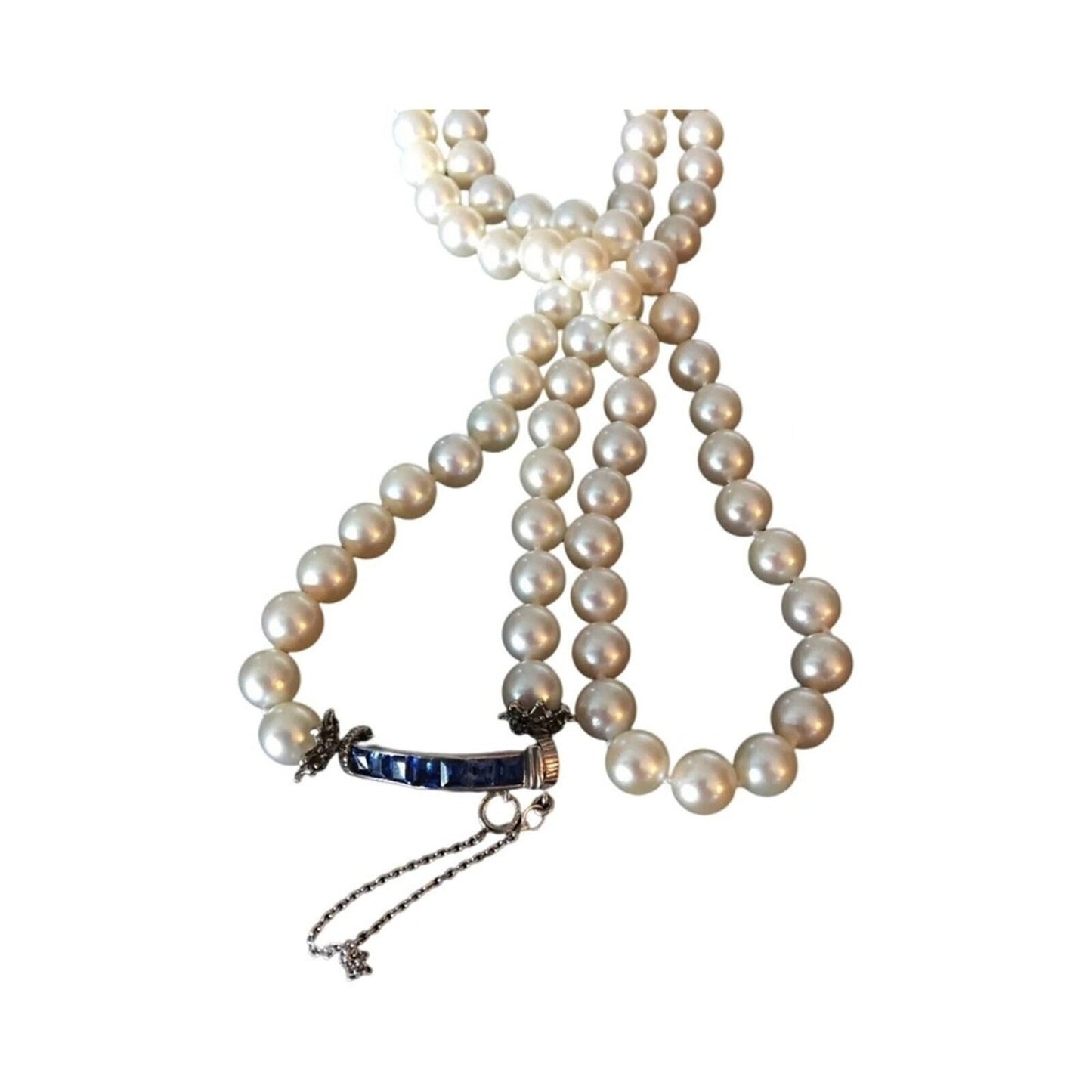 Vintage Estate Natural Pearls Necklace with Diamonds,Blue Sapphires White Gold