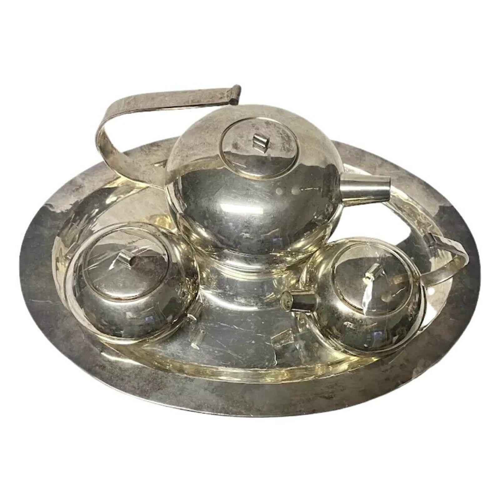 Arte Plata Art Deco Era 4 Piece Silverplate Tea Set Teapot Tray Creamer Sugar