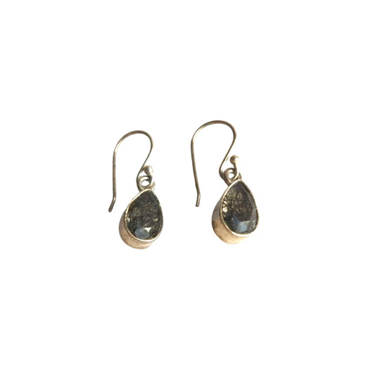Rare Pear Cut Black Rutilated Tourmalinated Quartz Sterling Silver Earrings 925