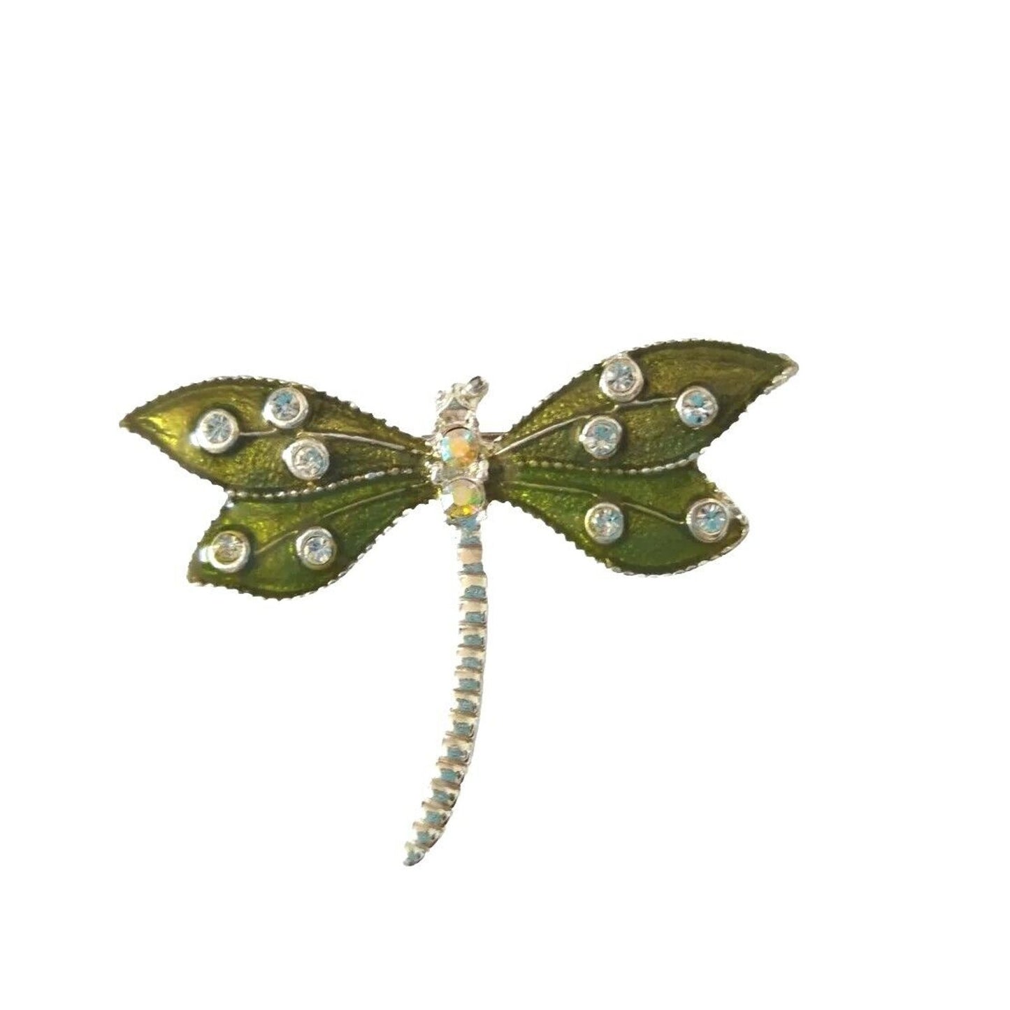 Vintage Women's Brooch Pin Rhinestones Green Enamel Dragonfly Silver Tone
