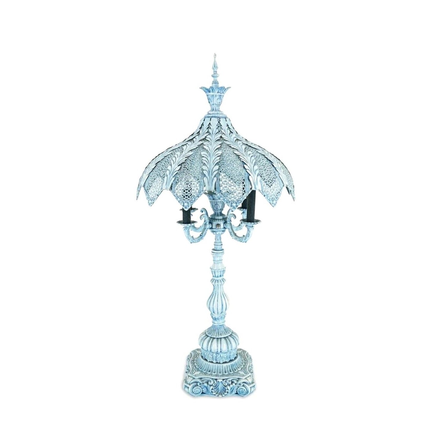 Antique Italian Pair Of Turquoise Blue Candelabra Lamp Enamel On Bronze