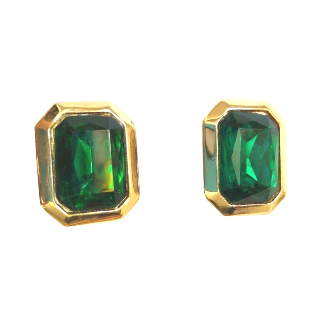 Vintage Cushion Cut Emerald Green Crystal Stud Earrings Yellow Gold Plated Clip