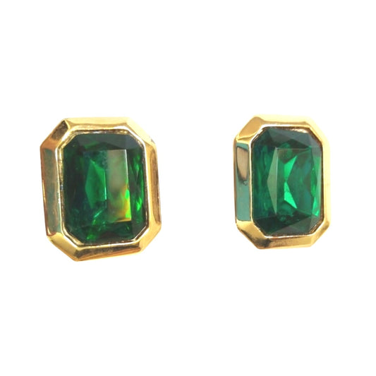 Vintage Cushion Cut Emerald Green Crystal Stud Earrings Yellow Gold Plated Clip
