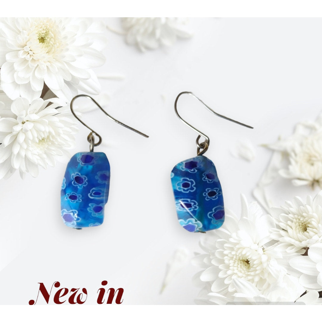 Millefiori Glass Bead Aqua Royal Blue Dangle Drop Earrings Stainless Steel
