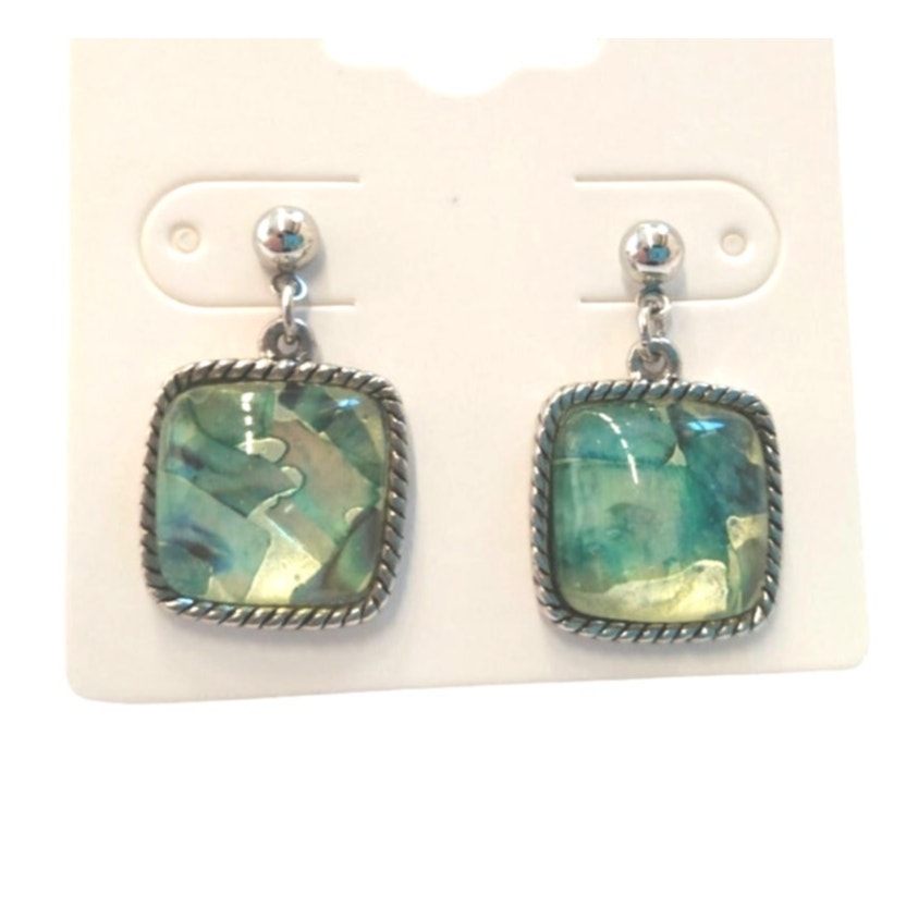 Cushion Cut Green Shell Square Dangle Earrings Sterling Silver Plated Post Screw