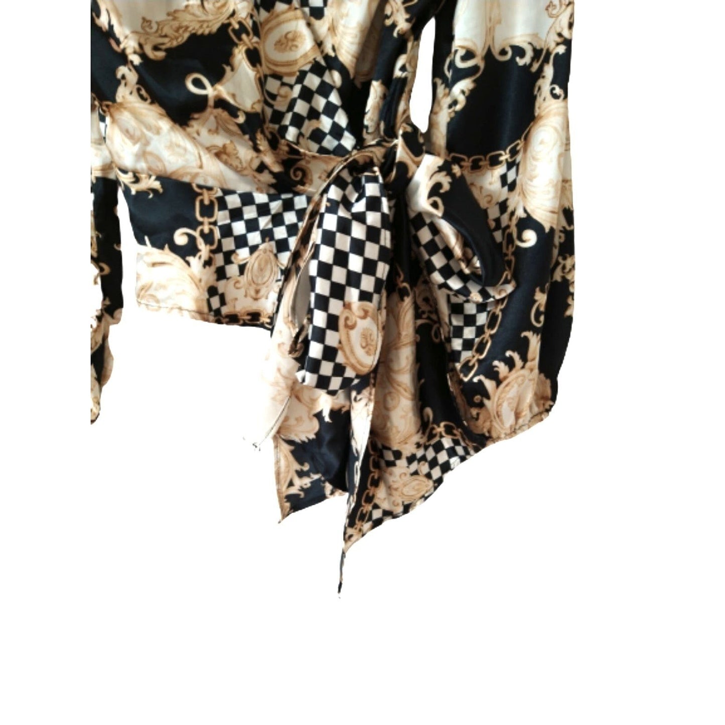 O.L.M. black white gold chess long sleeve Blouse top with bow S
