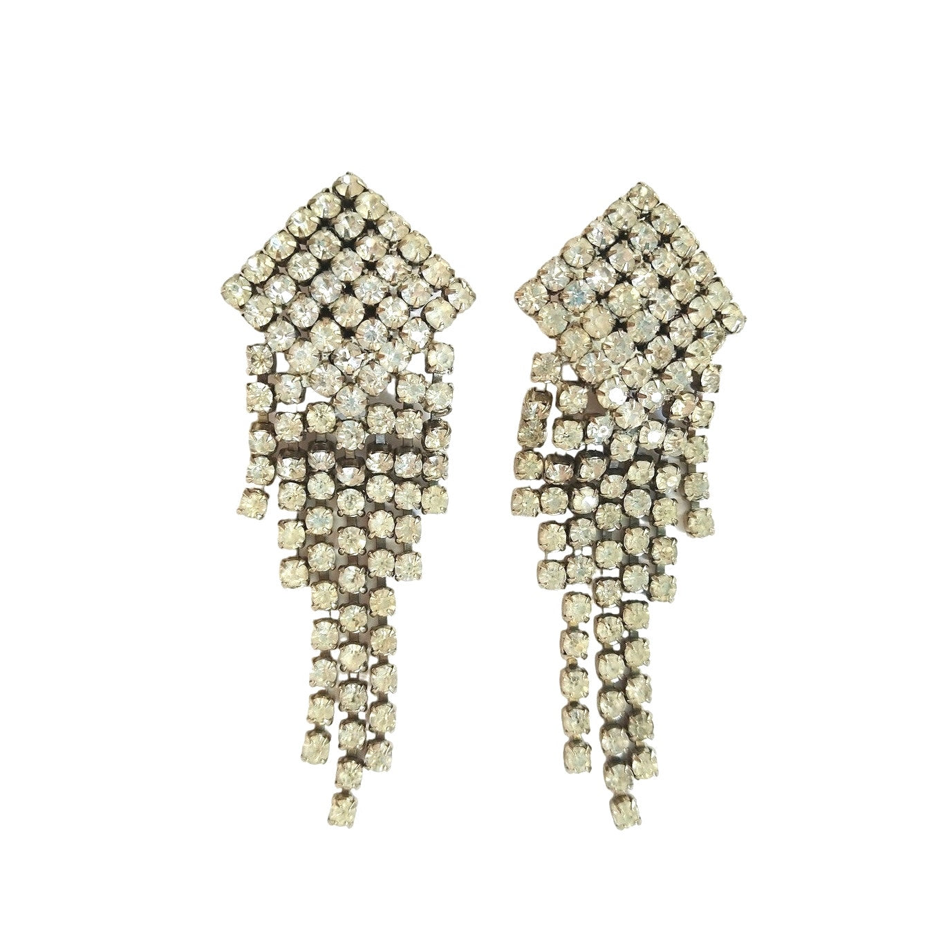 Vintage Sparkle Clear Rhinestone Chandelier Dangle Earrings Silver Tone Clip On