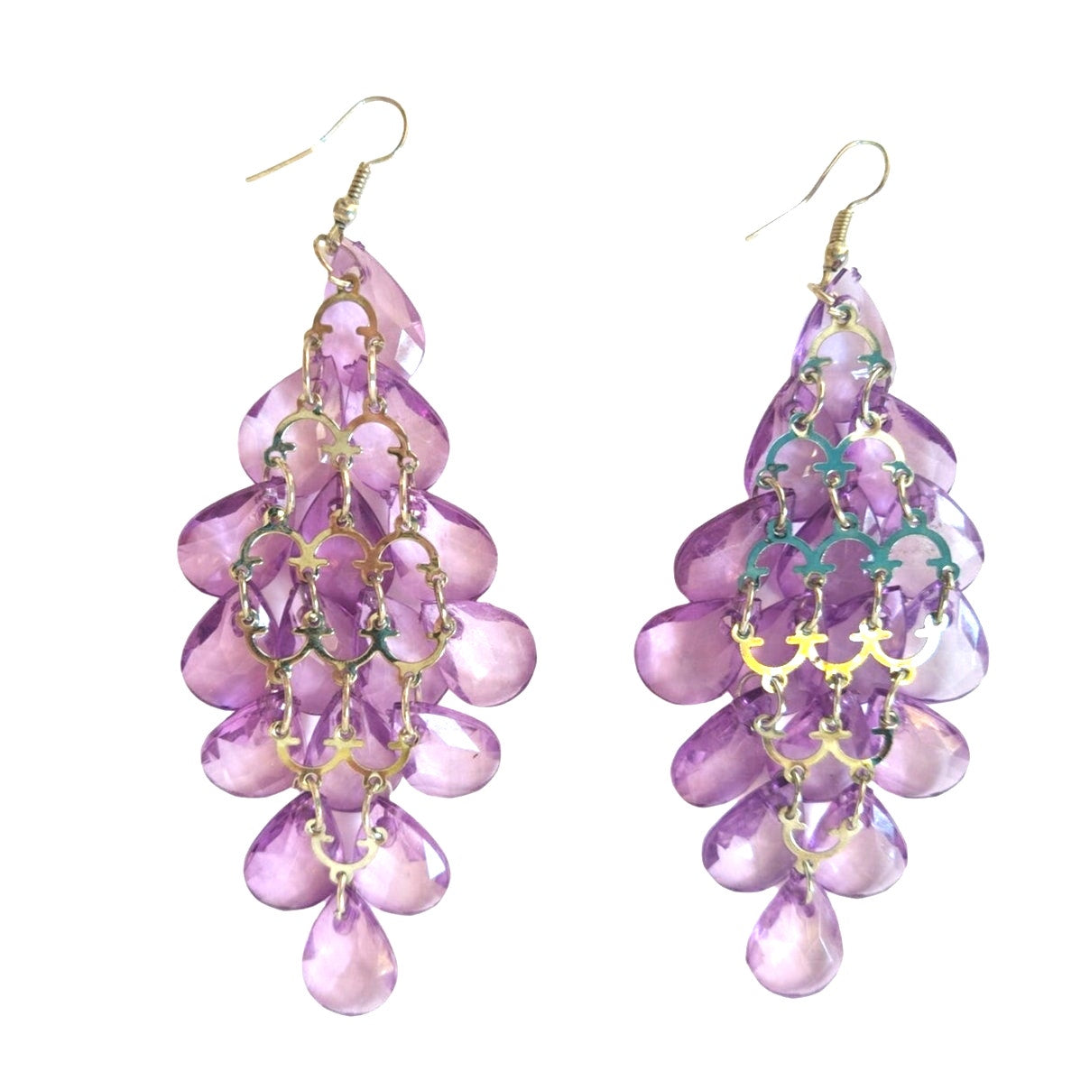 Vintage Lavender Pear Faceted Crystals Grape Chandelier Dangle Earrings Hooks