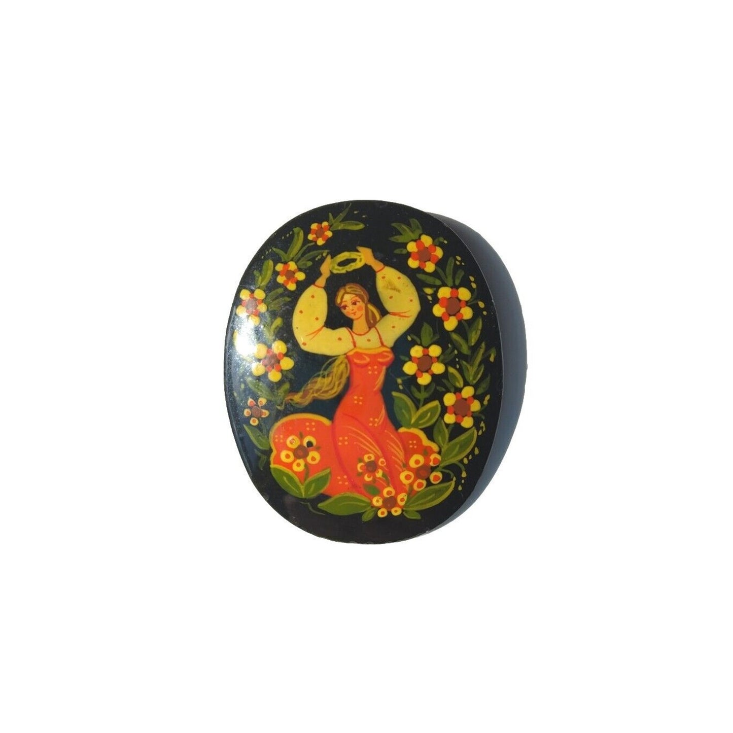 Vintage Women's Brooch Pin Russian Lady Flowers Black Enamel Fairytale Palekh
