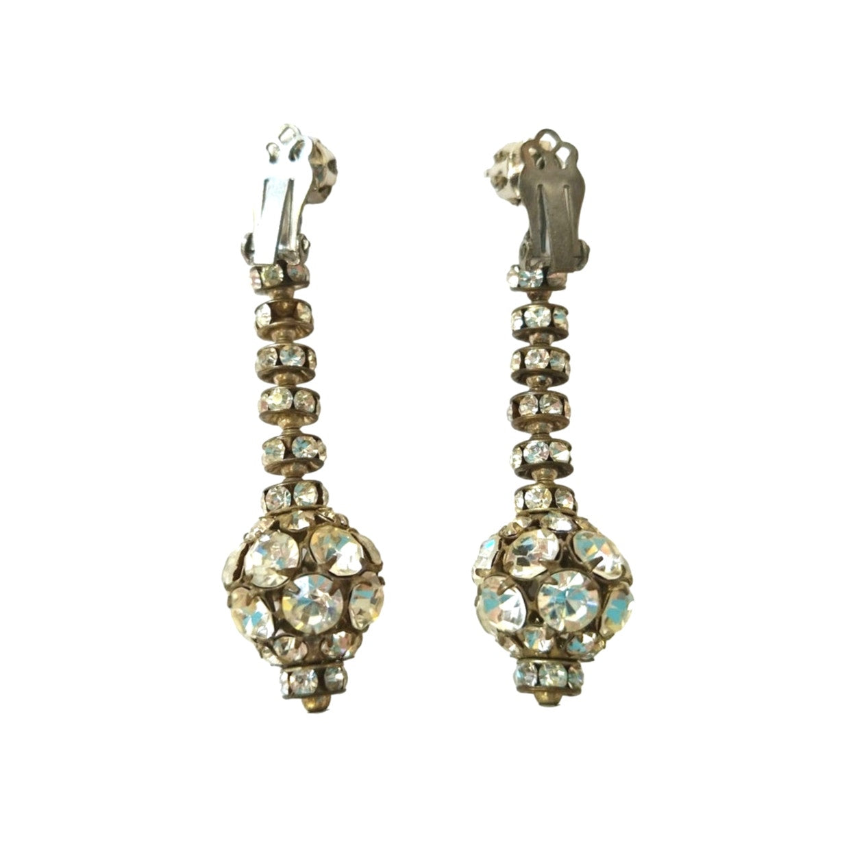 Vintage Disco Ball Round Cut Rhinestones Dangle Drop Earrings Silver Tone Clip