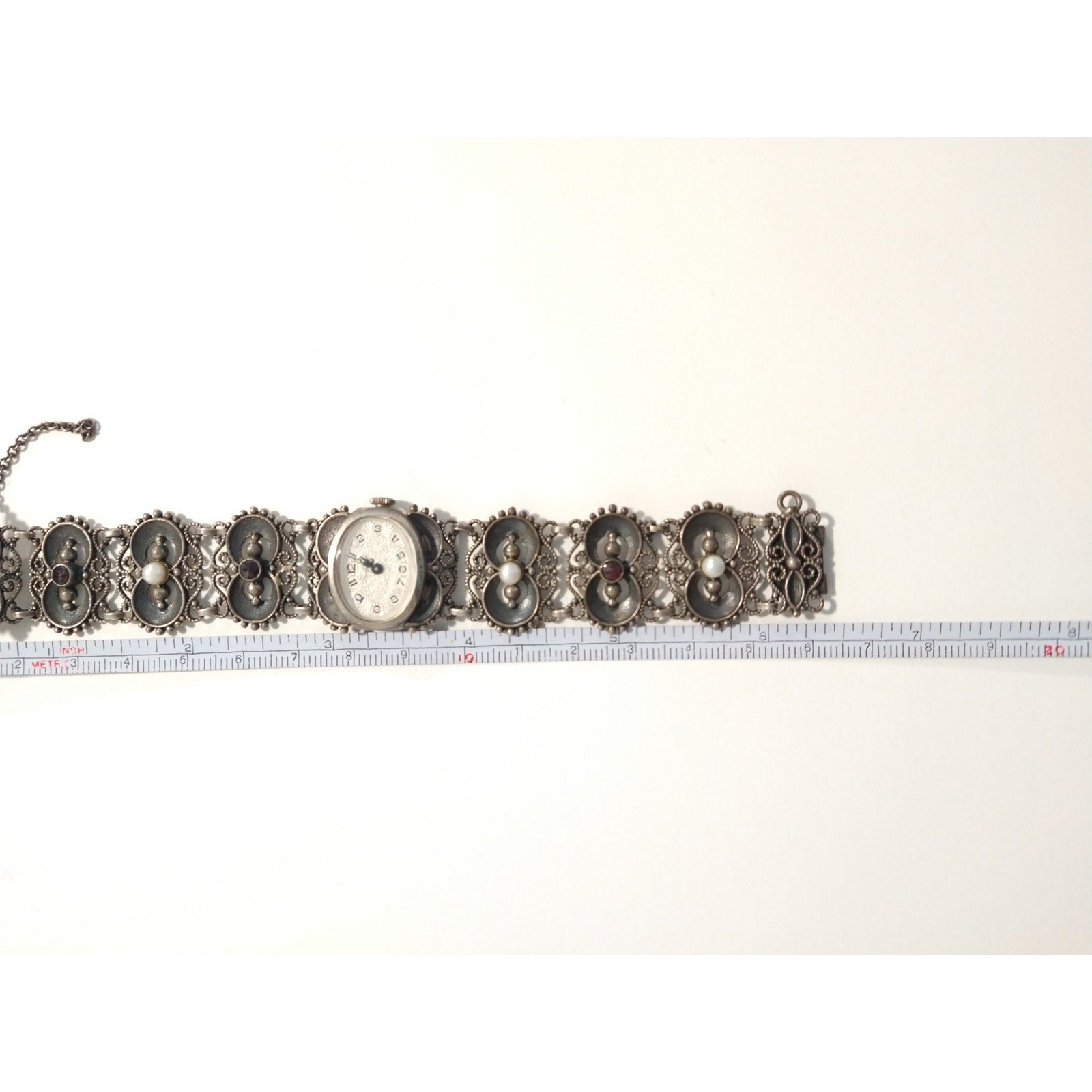 Antique Women`s Wrist Watch Bergland Filigree Sterling Silver Pearls Garnets