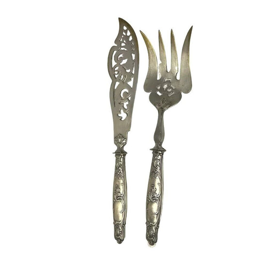 GORGEOUS Antique Sterling Silver French Victorian Serving Fork & Knife Set c1880