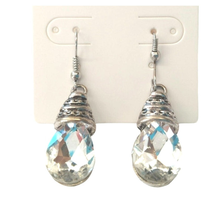 Vintage Faceted Pear Cut Crystal Teardrop Dangle Earrings Sterling Silver Plated