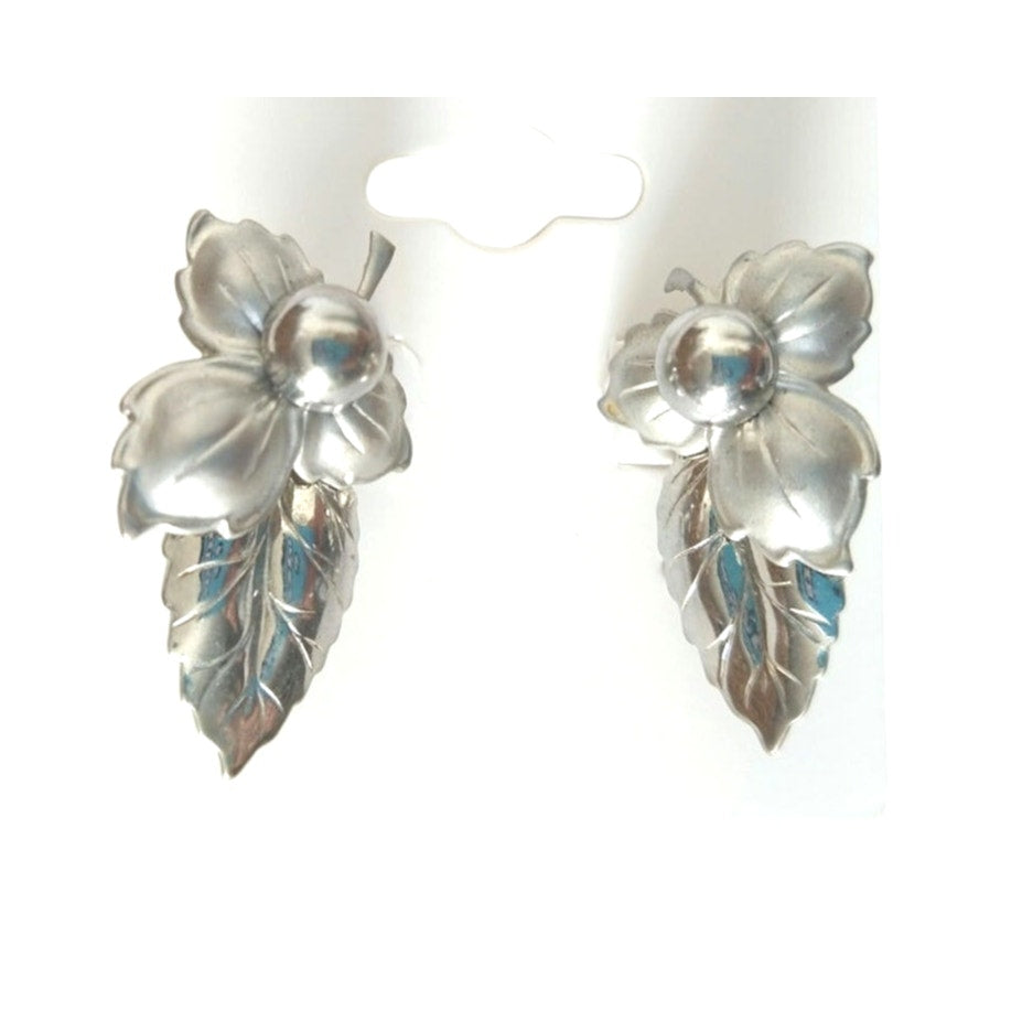 Vintage Flower & Leaf Metallic Silver Tone Stud Earrings Screw Back