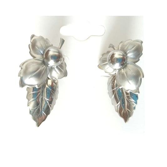 Vintage Flower & Leaf Metallic Silver Tone Stud Earrings Screw Back