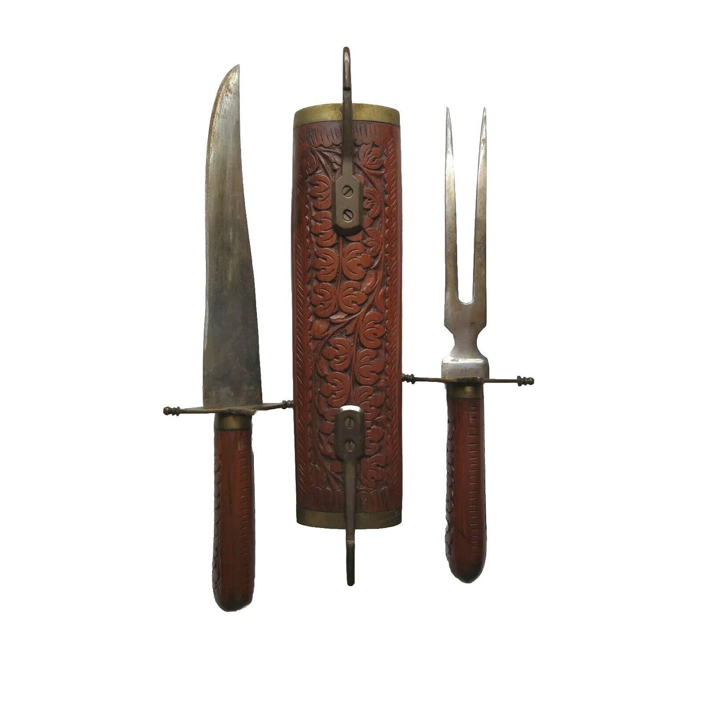 Vintage Serving Carving Knife Fork Carved Wood Handles Insert Stand Gorgeous