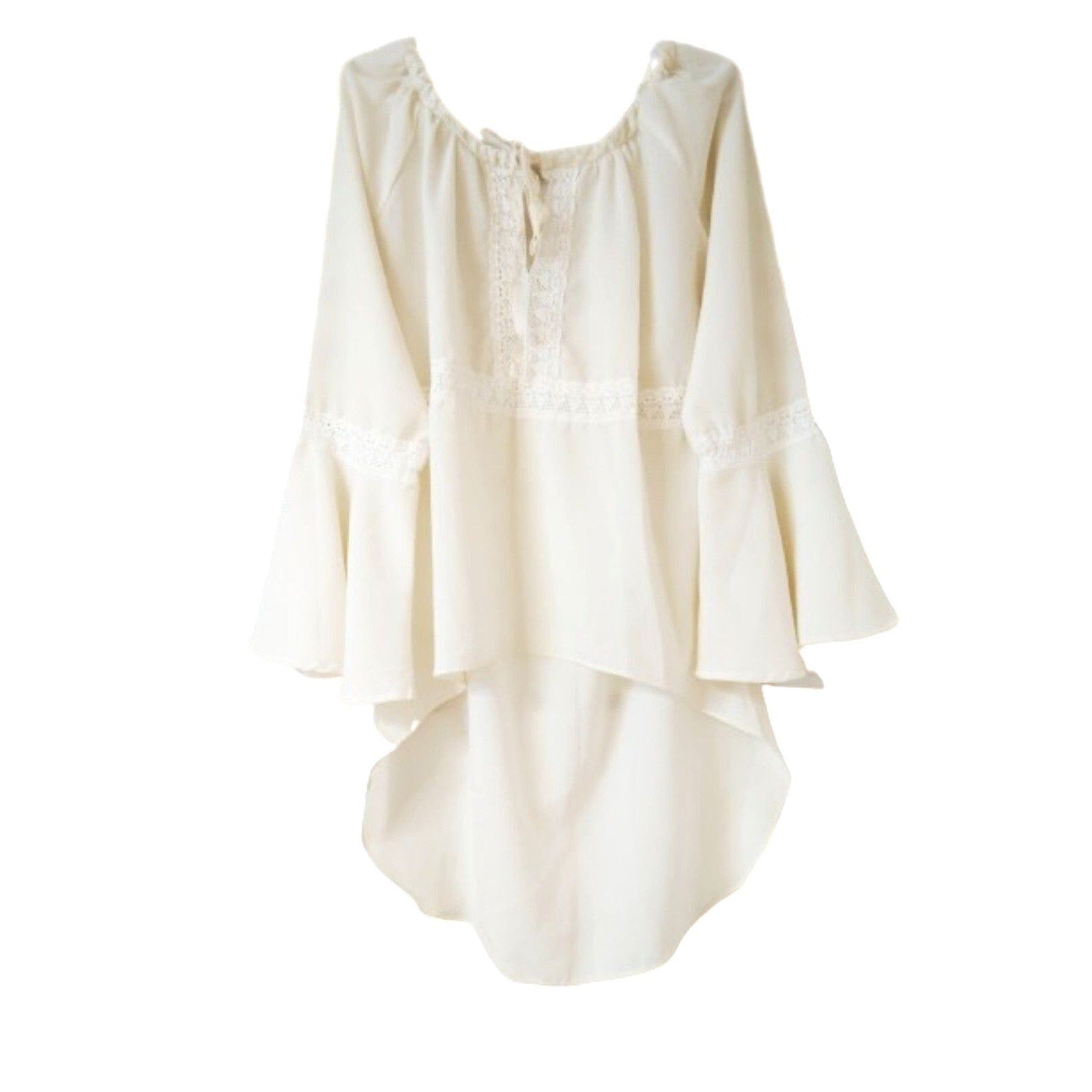 Beige lace crewneck bell long sleeves women's boho blouse top XL