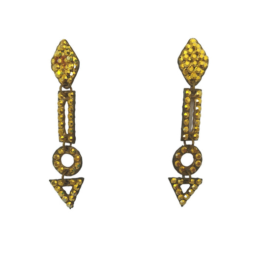 Vintage Gold Tone Paved Rhinestone Geometric Dangle Earrings Clip On