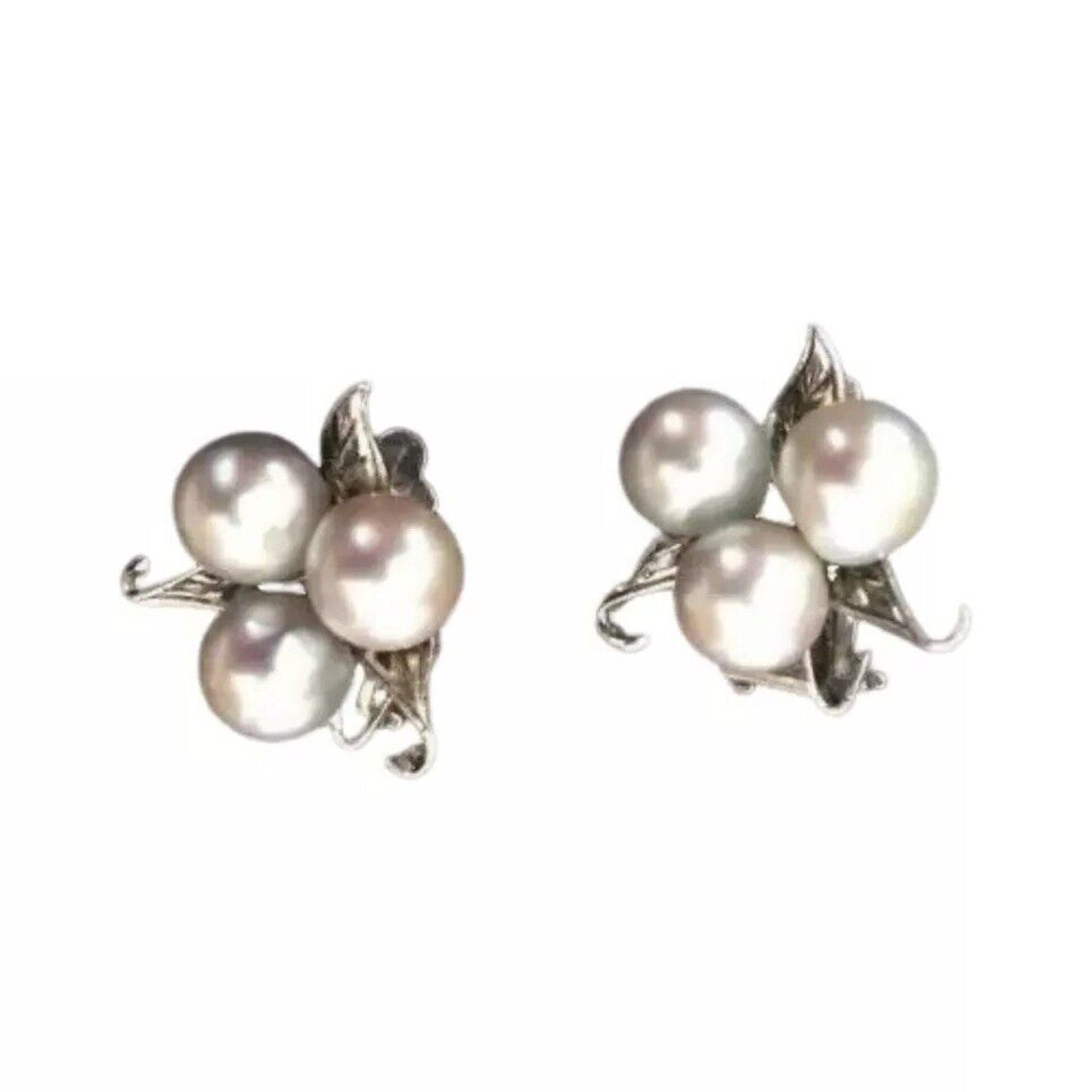 Antique Natural 3 Pearls Stud Earrings Sterling Silver 925 Clip On Designer