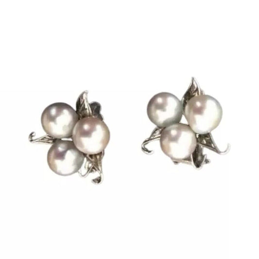 Antique Natural 3 Pearls Stud Earrings Sterling Silver 925 Clip On Designer