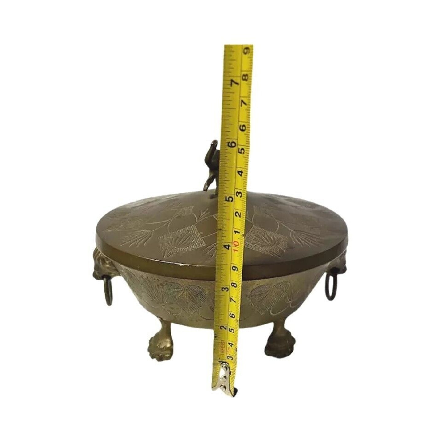 Vintage Brass Elephant Design Brass Bowl w Lid Round Footed Tibetan