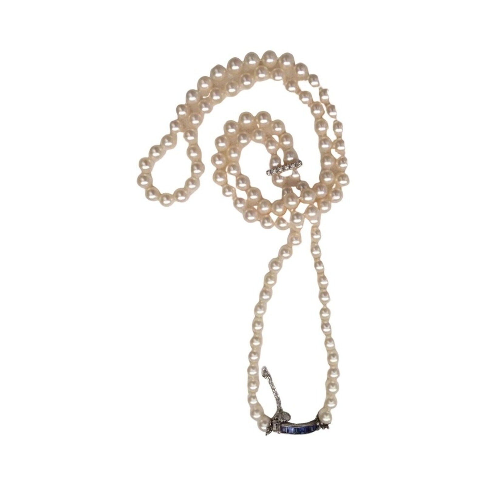 Vintage Estate Natural Pearls Necklace with Diamonds,Blue Sapphires White Gold