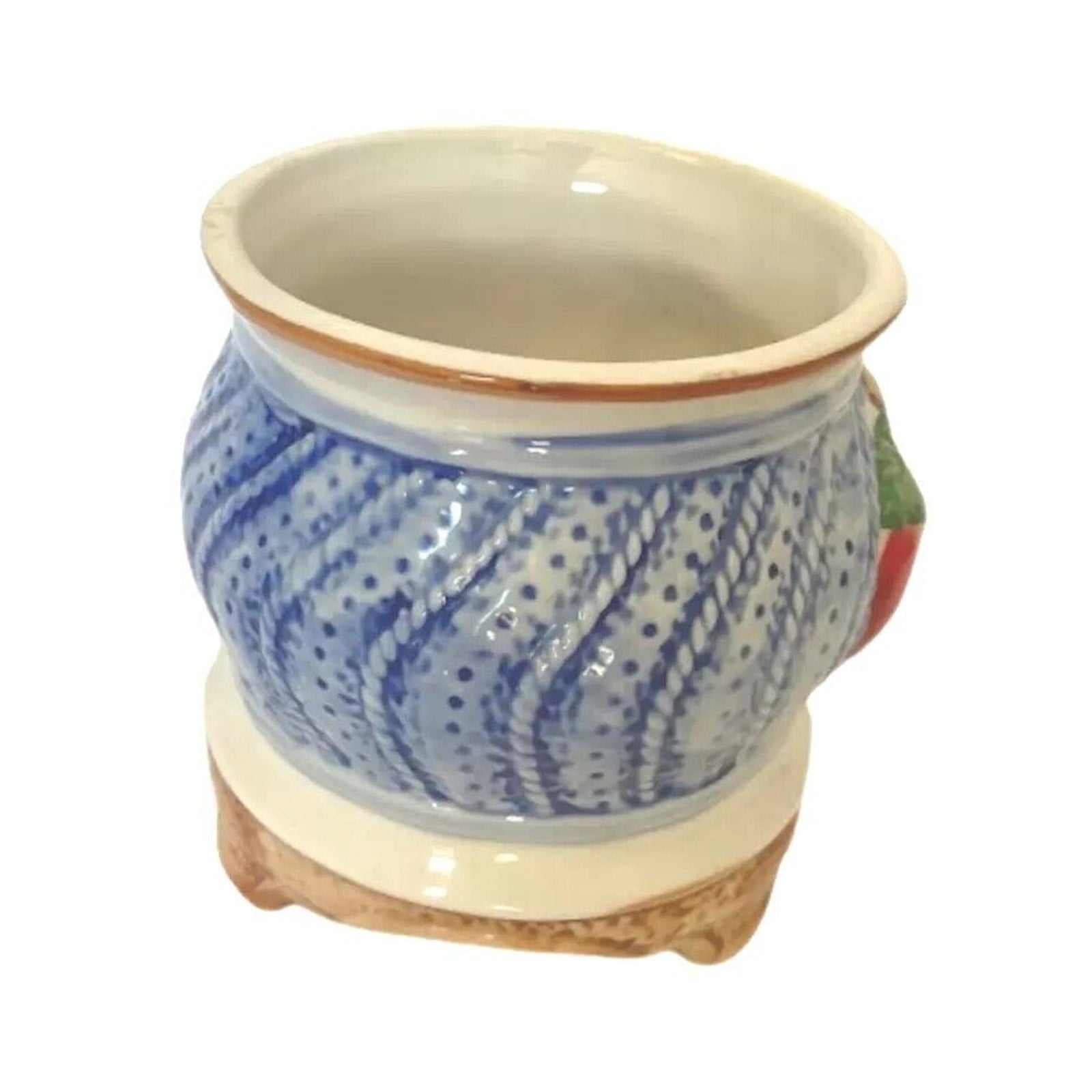 Vintage Coffee Tea Jar Bowl w Lid 6” Peaches Fruits Round Design Blue Ceramics