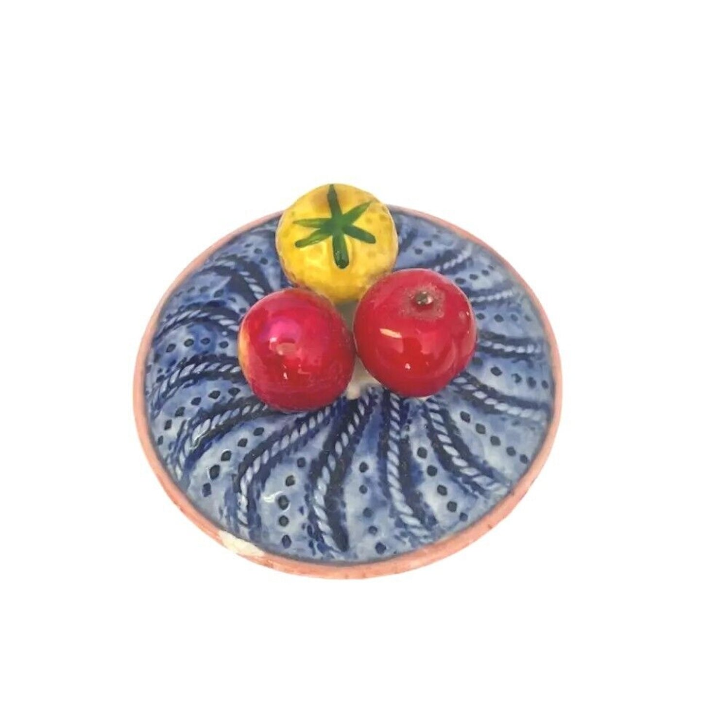 Vintage Coffee Tea Jar Bowl w Lid 6” Peaches Fruits Round Design Blue Ceramics