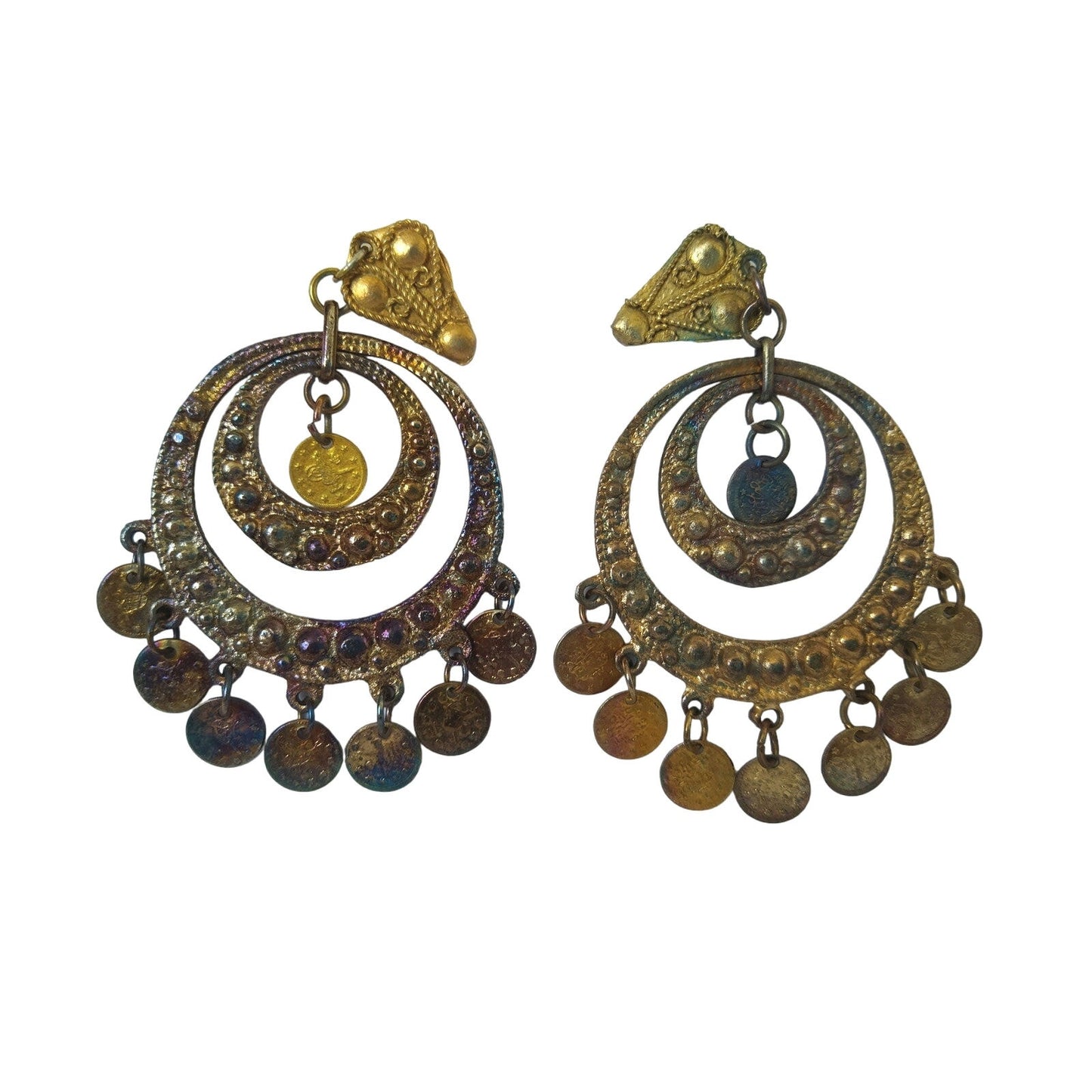 Vintage Arabic Coins Copper Tone Chandelier Dangle Earrings Clip On Oriental