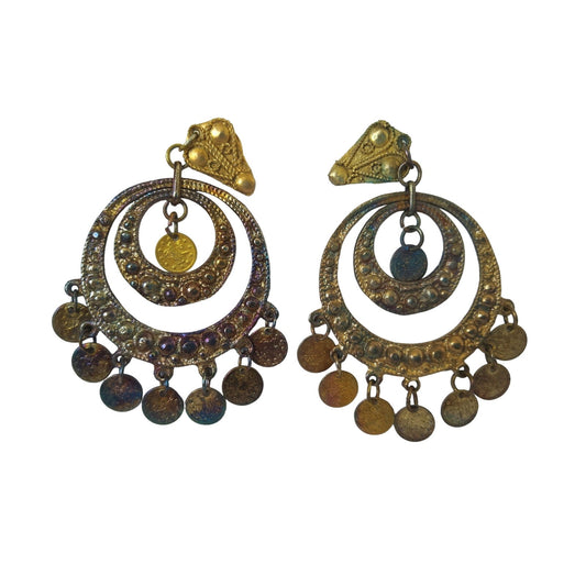 Vintage Arabic Coins Copper Tone Chandelier Dangle Earrings Clip On Oriental