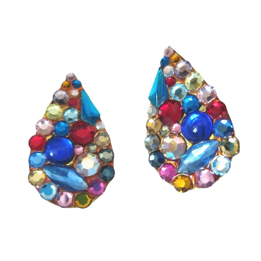 Vintage Multi Color Rhinestone Pear Shape Stud Earrings Statement Clip On