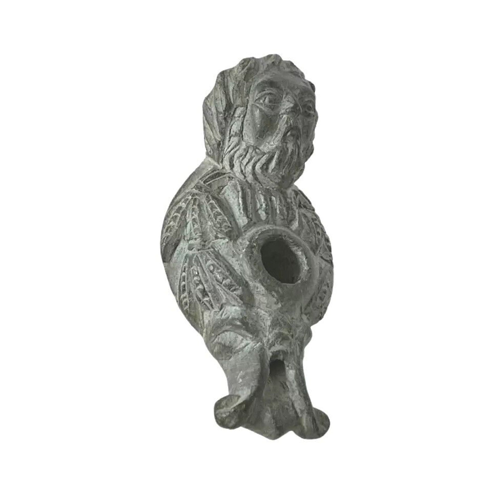 Rare Middle Eastern Oil Lamp Carved Figural Face Black Stone circa 200AD