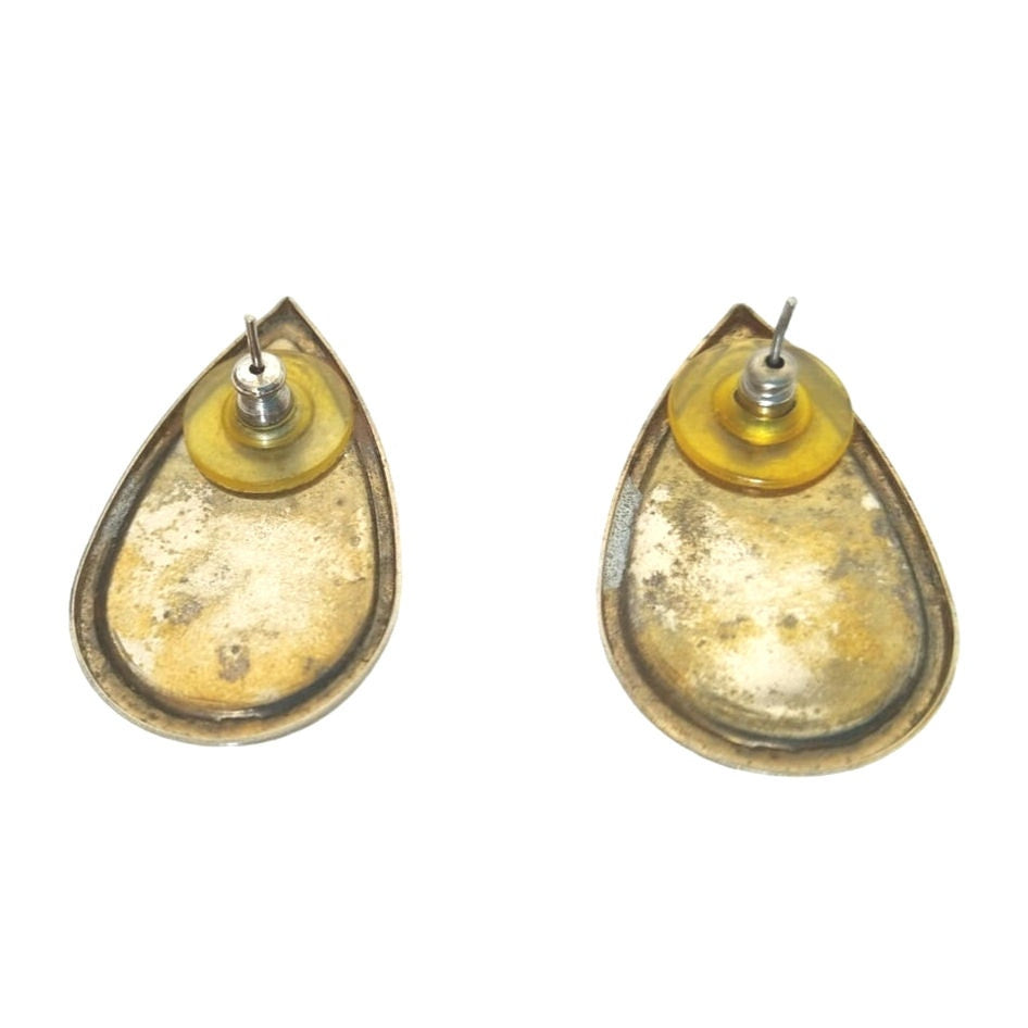 Vintage Pear Cut Black Onyx Stud Earrings Gold Tone Posts