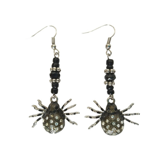 Vintage Black Beads Rhinestones Spyder Dangle Drop Earrings Silver Tone Hook