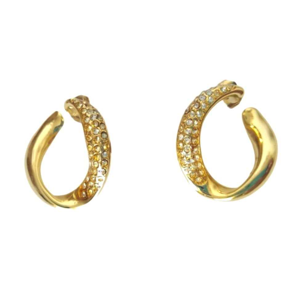 Vintage Avon Paved Crystals C Hoops Earrings Yellow Gold Plated Hoop