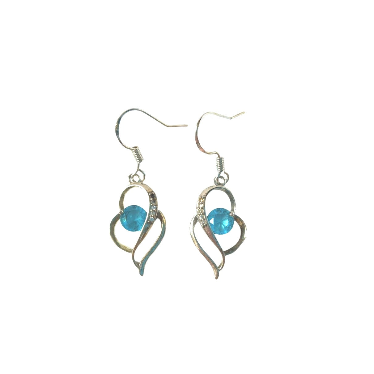 Round Cut Blue & Clear CZ Heart Dangle Earrings Sterling Silver 925 Hook