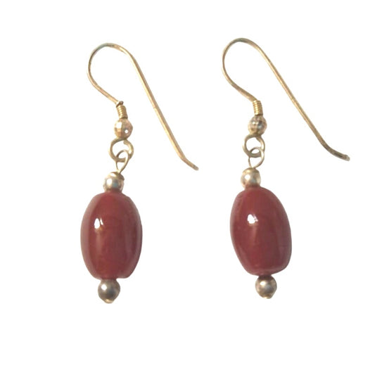 Vintage Red Jasper Bead Dangle Earrings Solid Sterling Silver 925 Hooks