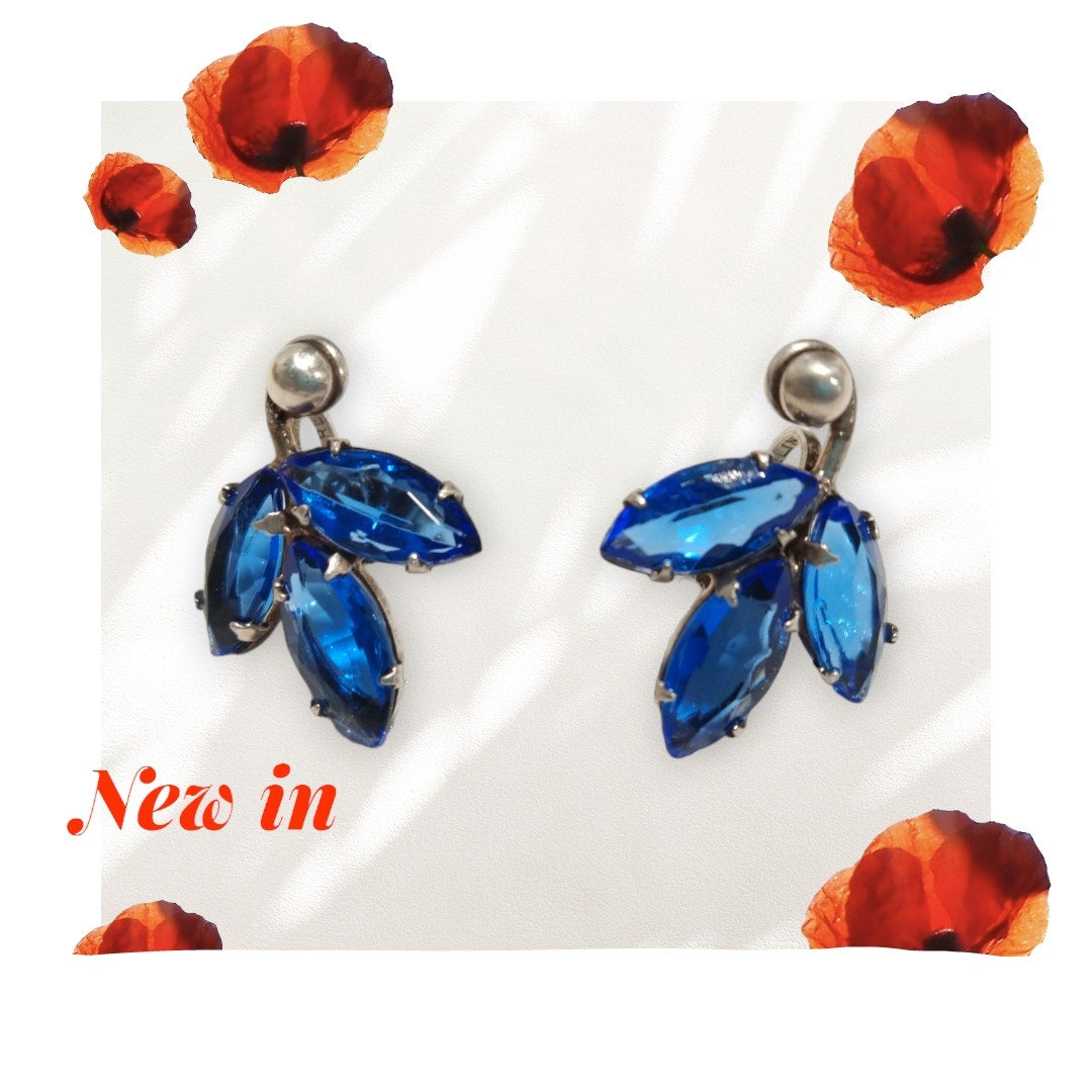 Vintage Blue Crystal Marquise Cut Solid Sterling Silver 925 Stud Earrings