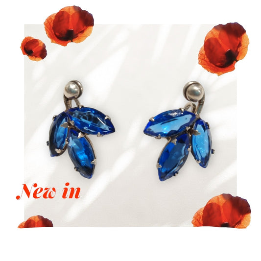 Vintage Blue Crystal Marquise Cut Solid Sterling Silver 925 Stud Earrings
