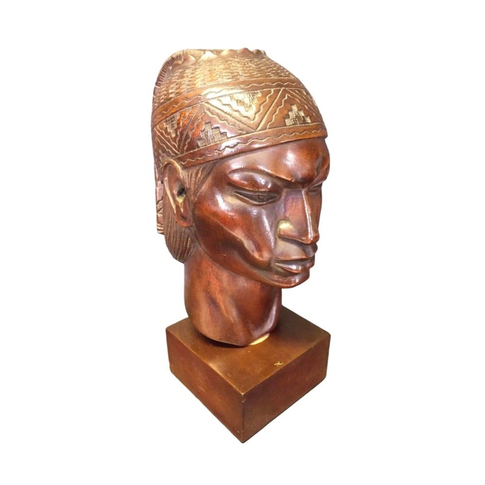 Antique Inca Warrior Statue Sculpture A. Saravia Peru Mahogany Wood Carving 1960