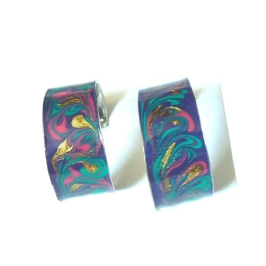 Vintage 80s Swirl Enamel C Hoop Earrings Half Hoops Studs Purple Green Gold